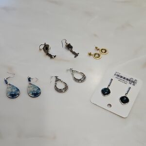 Assorted Earrings Set with Blue and Gold Accents.  Pewter, green and silver too.